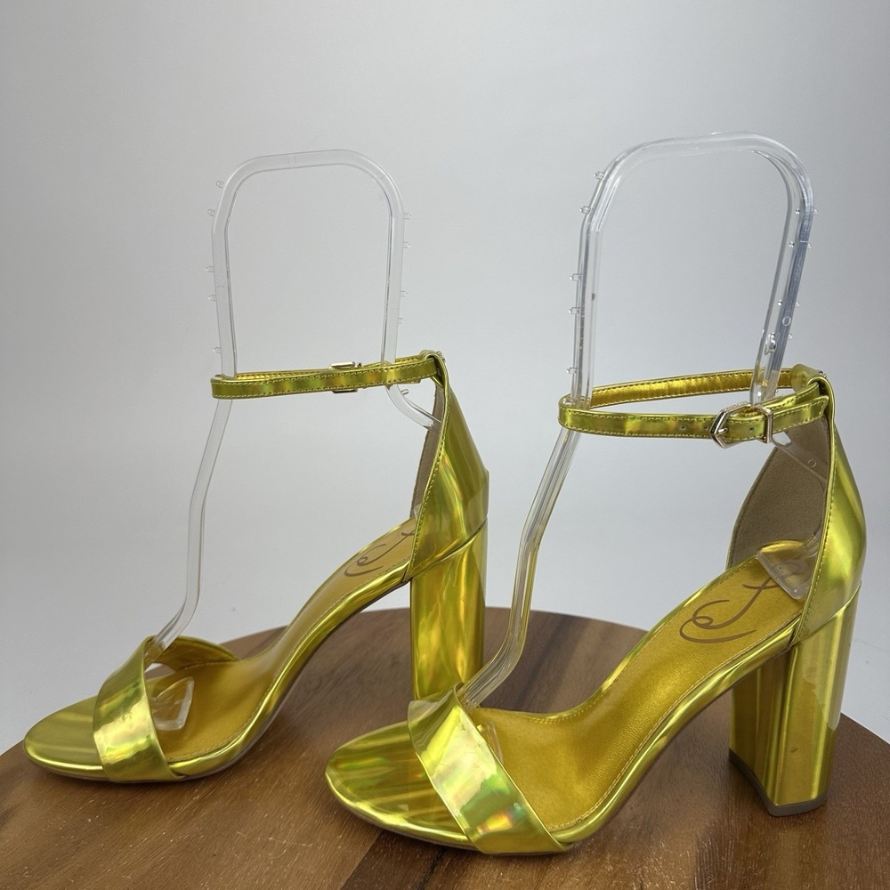 Womens Sam Edelman Yaro Gold Leather Block Open Toe Heeled Sandals Size 8 M GUC - Picture 2 of 10